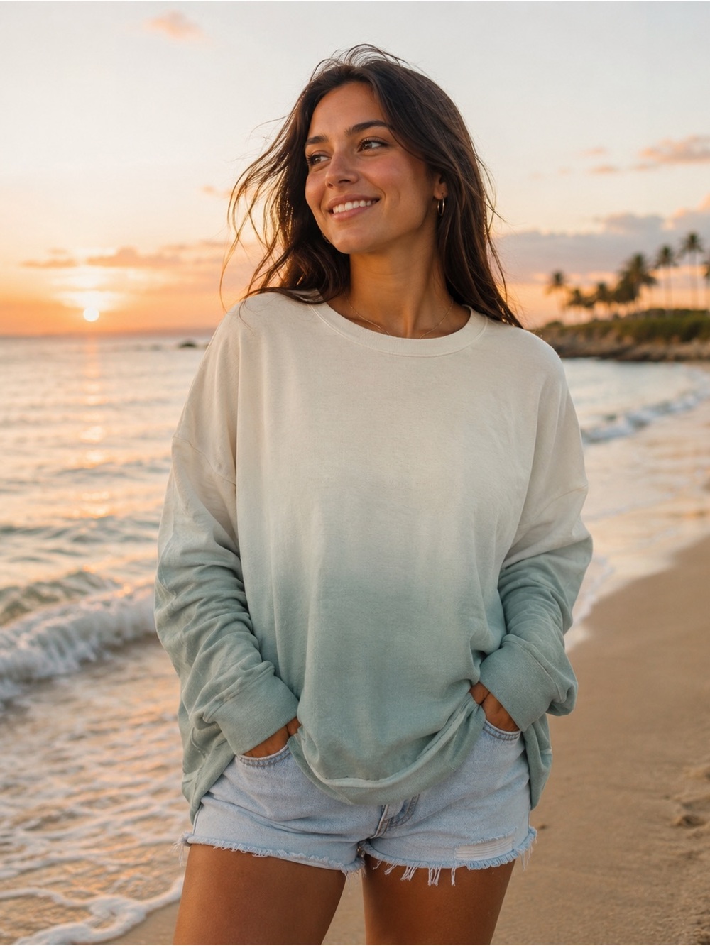 Mustard Seed Ombre Crewneck Sweatshirt - Cream to Sage M